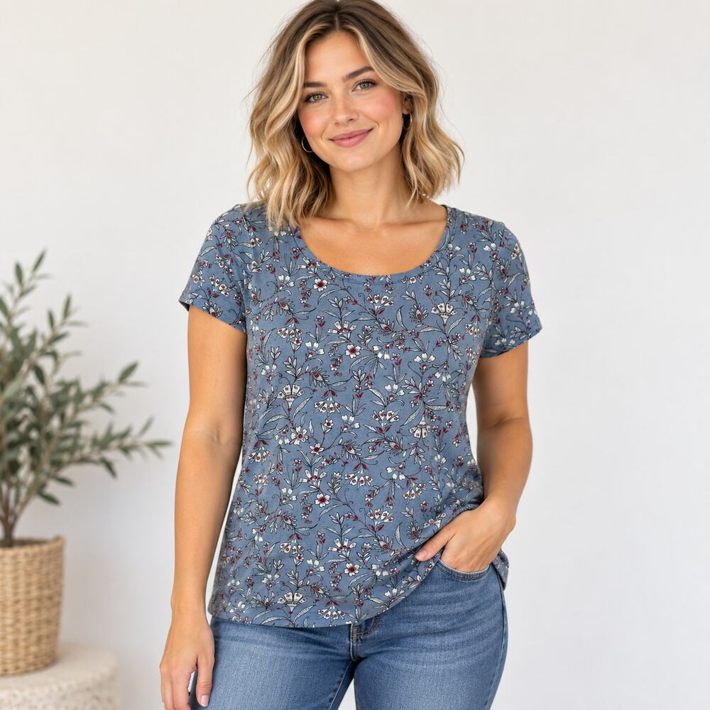 J Jill blue floral cotton scoop neck tee shirt Small classic